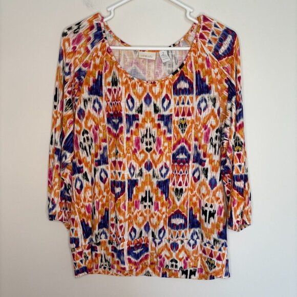CHICO'S Aztec Design Top Womens L Colorful Bottom Waist Band 3/4 Sleeve - Picture 5 of 7
